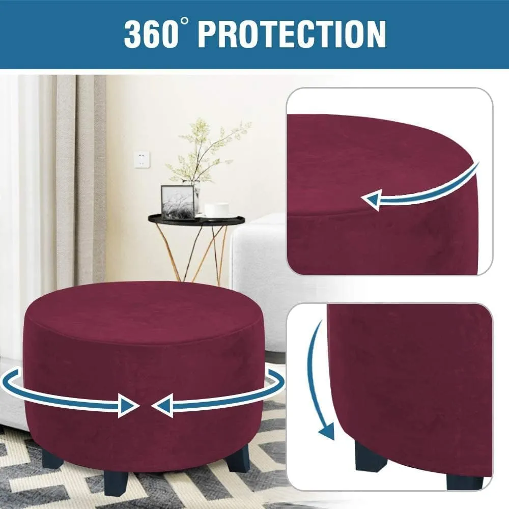 ADPON Velvet Plush Ottoman Cover,Super Stretch Round Ottoman Slipcover Washable Storage Stool Furniture Protector for Living Room (Medium,Wine/Burgundy)