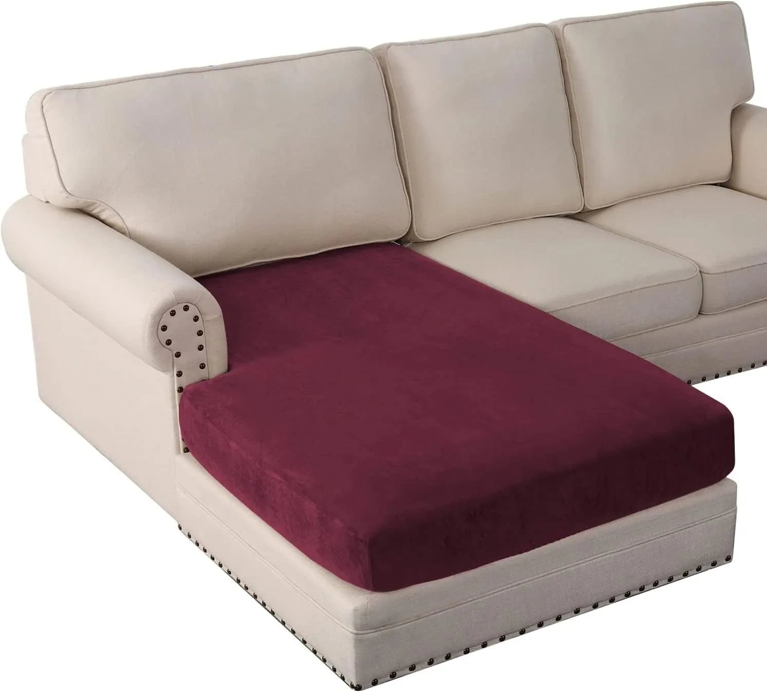 ADPON Velvet Sectional Couch Covers Sofa Chaise/Seat Cushion Slipcover L Shape Separate Cushion Couch Chaise Cover for Both Left/Right Sectional Couch (Chaise Lounge,Burgundy)