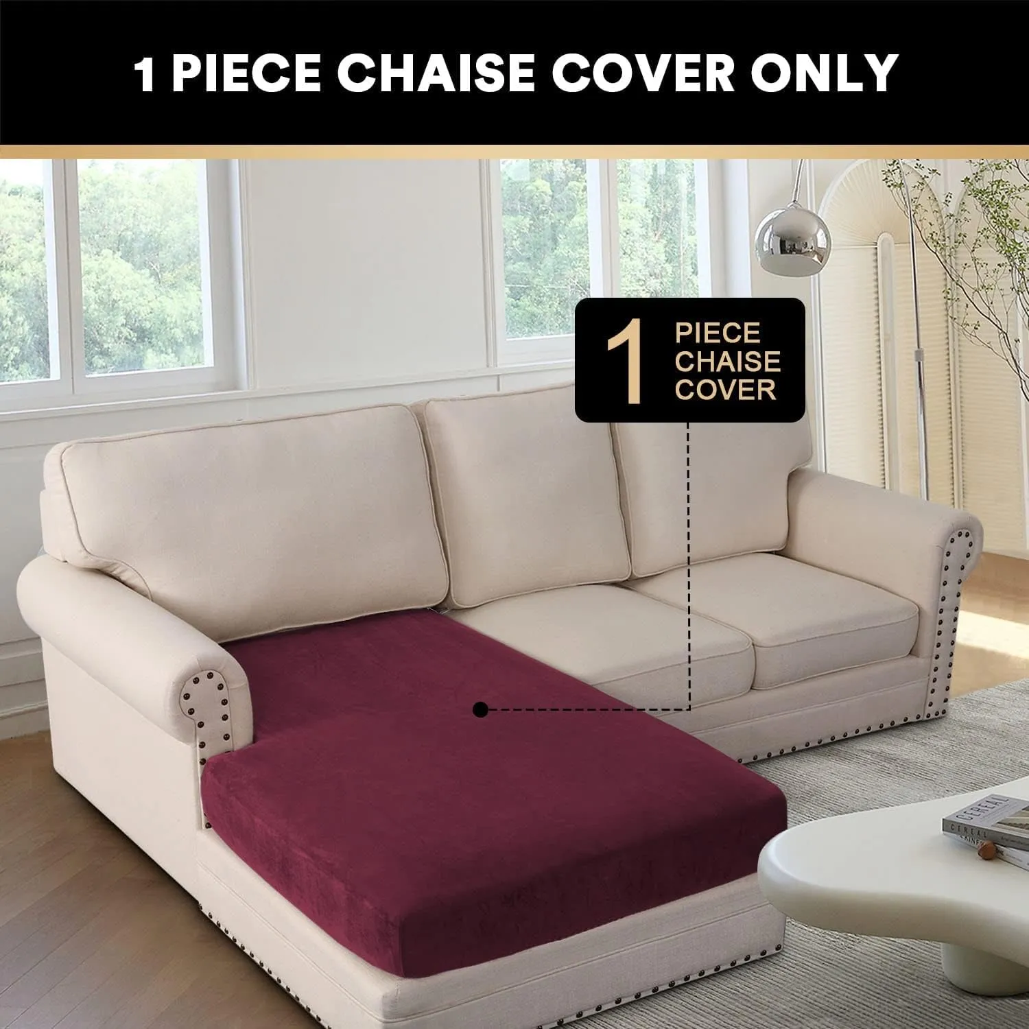 ADPON Velvet Sectional Couch Covers Sofa Chaise/Seat Cushion Slipcover L Shape Separate Cushion Couch Chaise Cover for Both Left/Right Sectional Couch (Chaise Lounge,Burgundy)