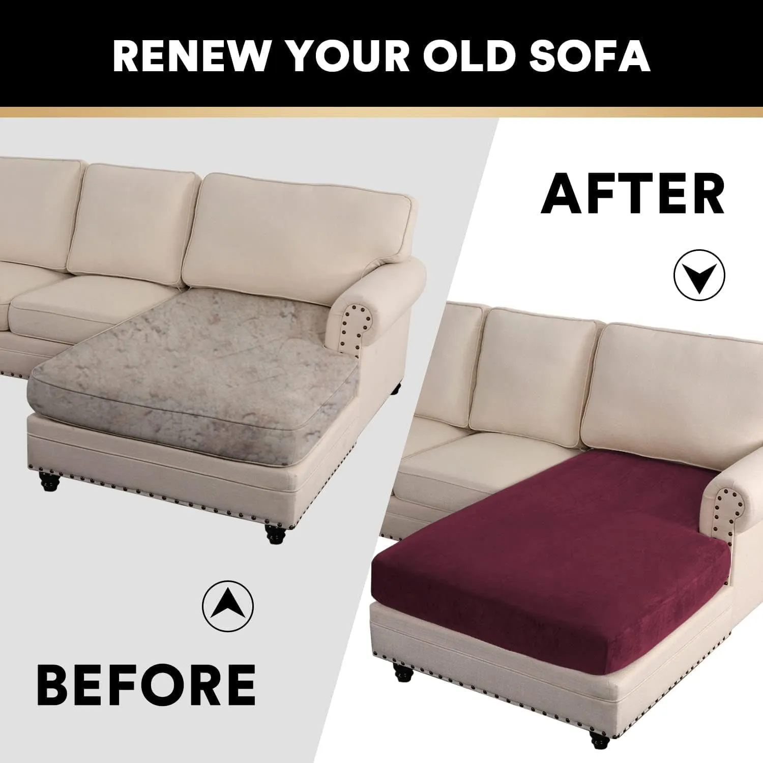 ADPON Velvet Sectional Couch Covers Sofa Chaise/Seat Cushion Slipcover L Shape Separate Cushion Couch Chaise Cover for Both Left/Right Sectional Couch (Chaise Lounge,Burgundy)