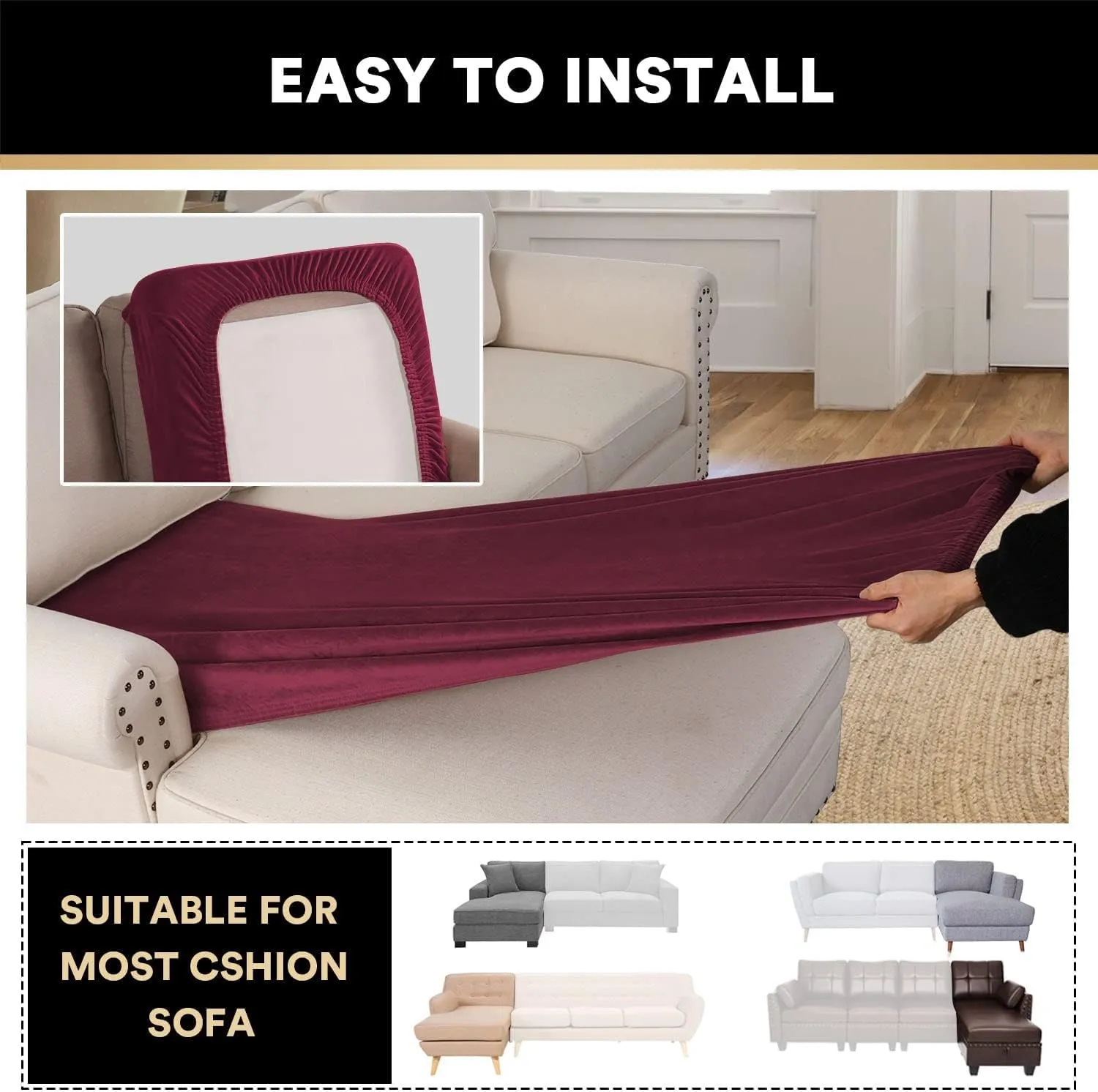 ADPON Velvet Sectional Couch Covers Sofa Chaise/Seat Cushion Slipcover L Shape Separate Cushion Couch Chaise Cover for Both Left/Right Sectional Couch (Chaise Lounge,Burgundy)