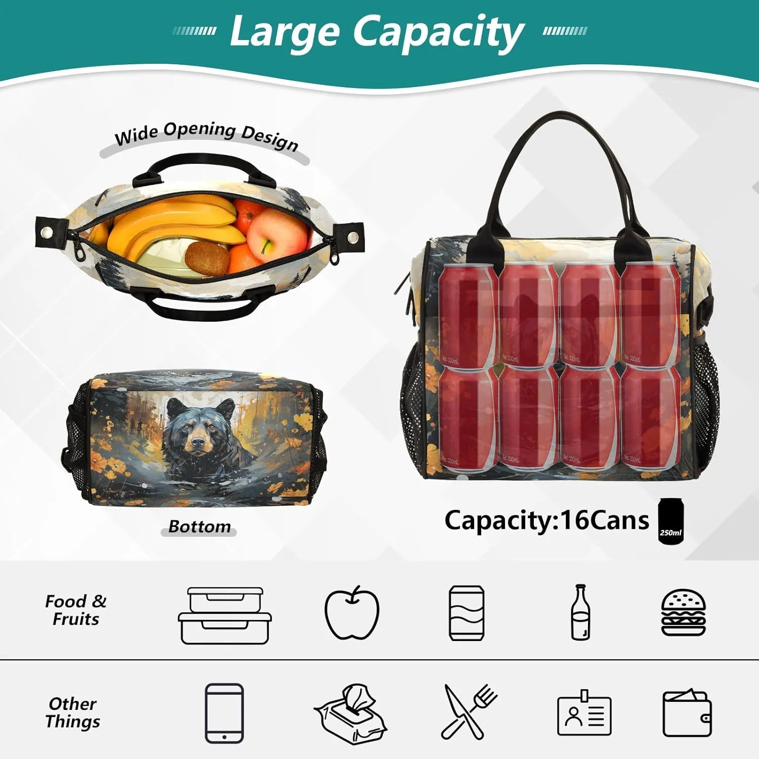 Adult Lunch Box Insulated Lunch Bag Black Bear in The Forest Large Cooler Tote Bag for Work Picnic or Travel with Adjustable Shoulder Strap