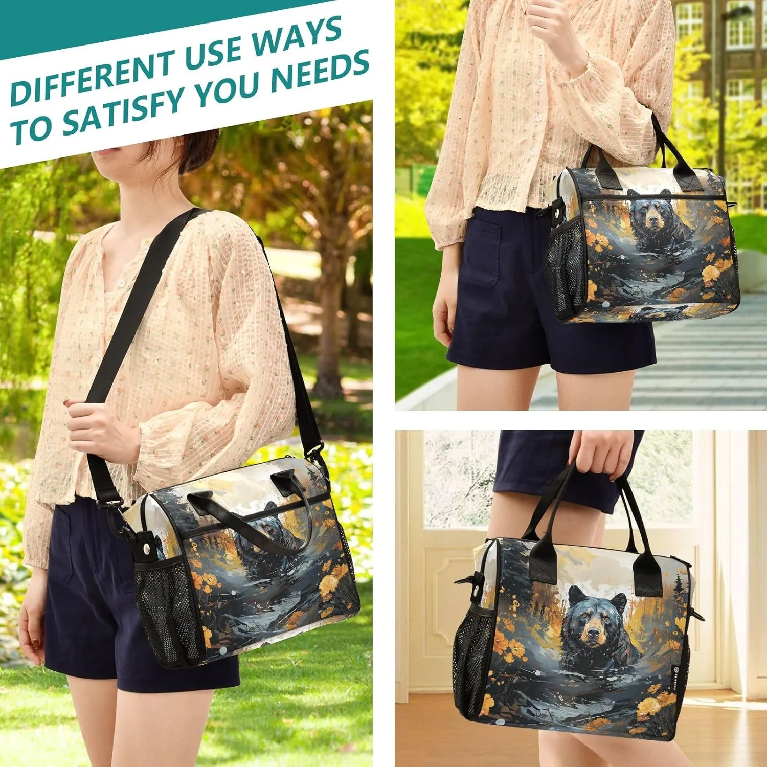 Adult Lunch Box Insulated Lunch Bag Black Bear in The Forest Large Cooler Tote Bag for Work Picnic or Travel with Adjustable Shoulder Strap