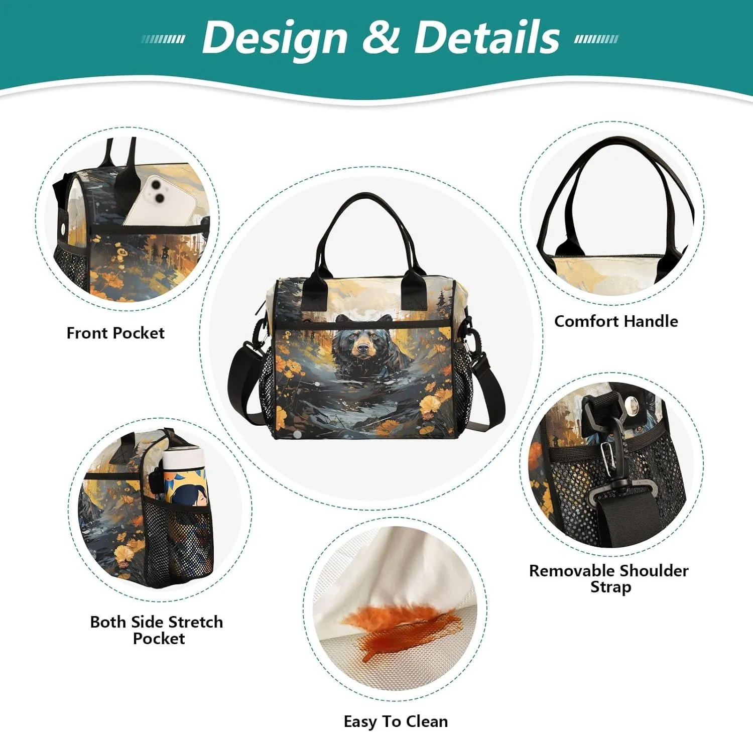 Adult Lunch Box Insulated Lunch Bag Black Bear in The Forest Large Cooler Tote Bag for Work Picnic or Travel with Adjustable Shoulder Strap