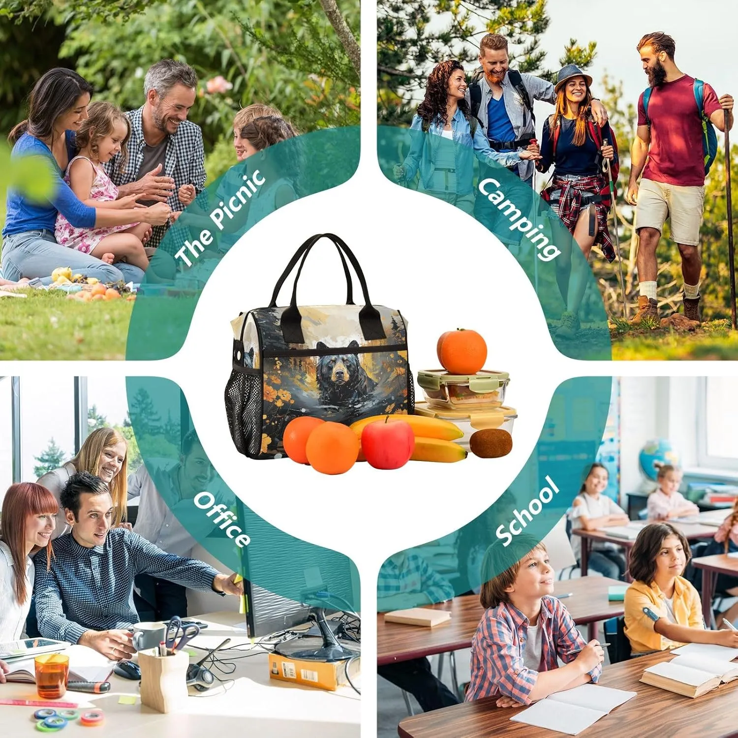 Adult Lunch Box Insulated Lunch Bag Black Bear in The Forest Large Cooler Tote Bag for Work Picnic or Travel with Adjustable Shoulder Strap