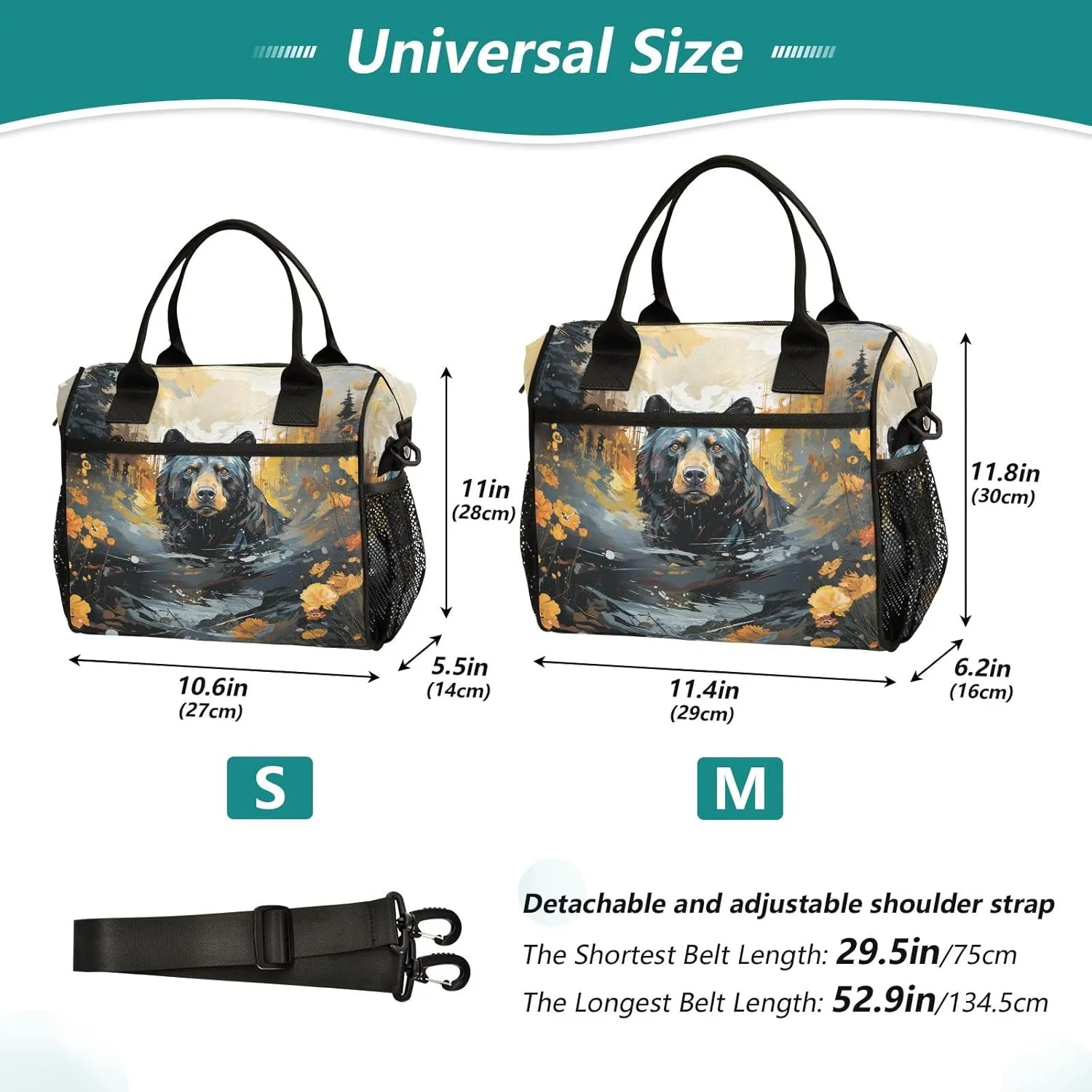 Adult Lunch Box Insulated Lunch Bag Black Bear in The Forest Large Cooler Tote Bag for Work Picnic or Travel with Adjustable Shoulder Strap