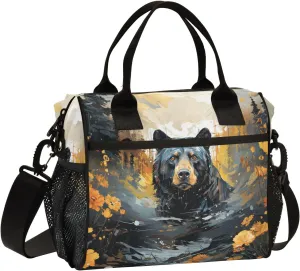 Adult Lunch Box Insulated Lunch Bag Black Bear in The Forest Large Cooler Tote Bag for Work Picnic or Travel with Adjustable Shoulder Strap