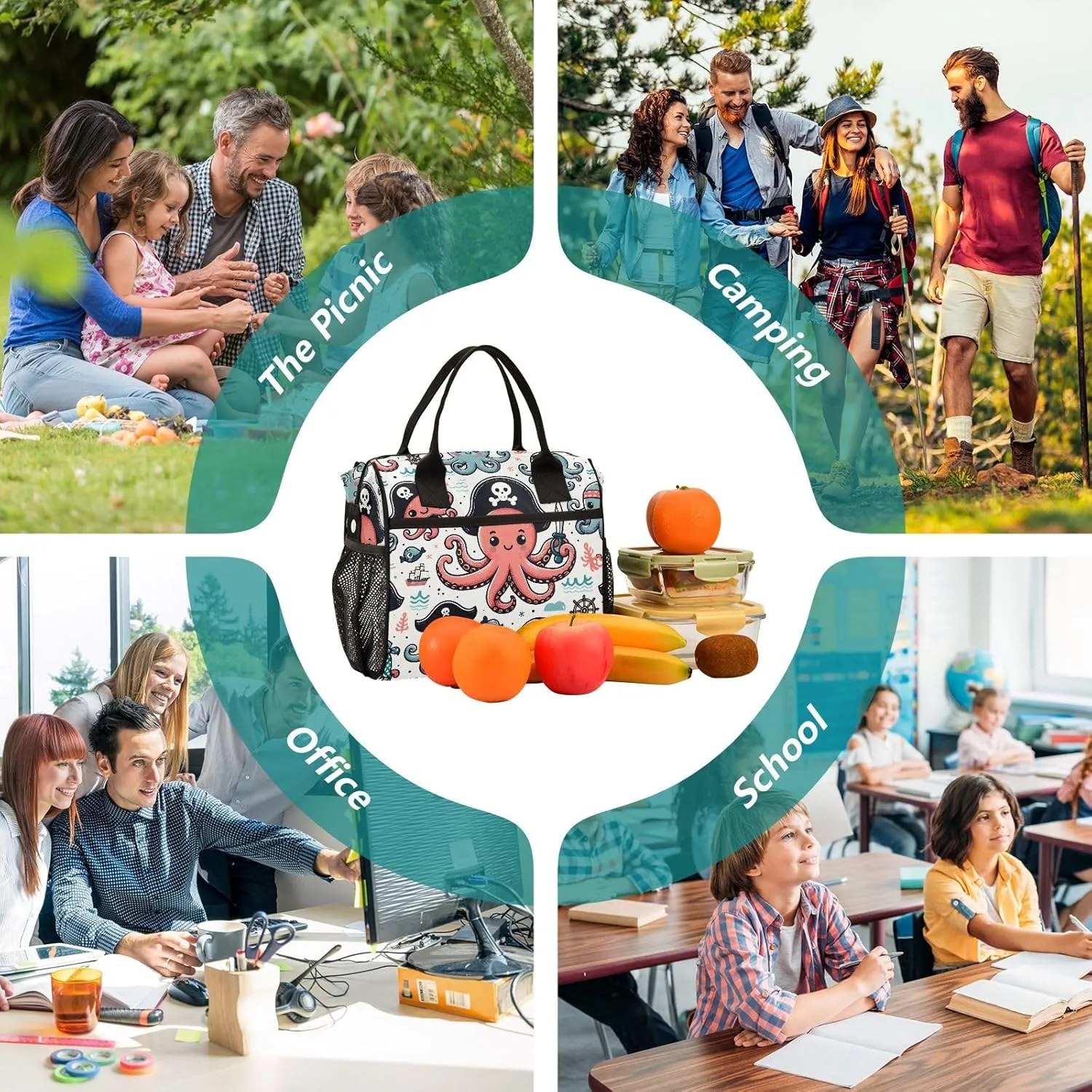 Adult Lunch Box Insulated Lunch Bag Cute Pirate Octopus Large Cooler Tote Bag for Work Picnic or Travel with Adjustable Shoulder Strap