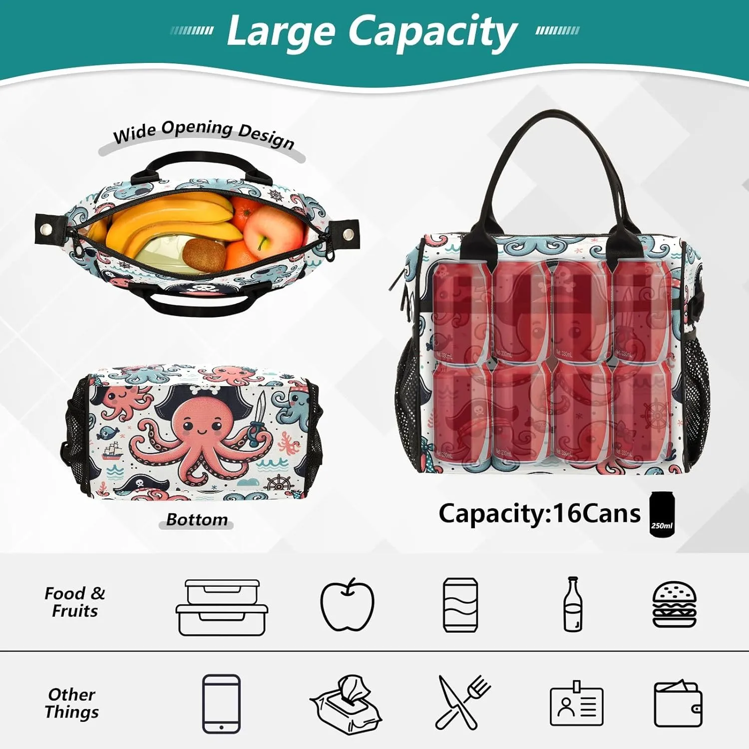 Adult Lunch Box Insulated Lunch Bag Cute Pirate Octopus Large Cooler Tote Bag for Work Picnic or Travel with Adjustable Shoulder Strap