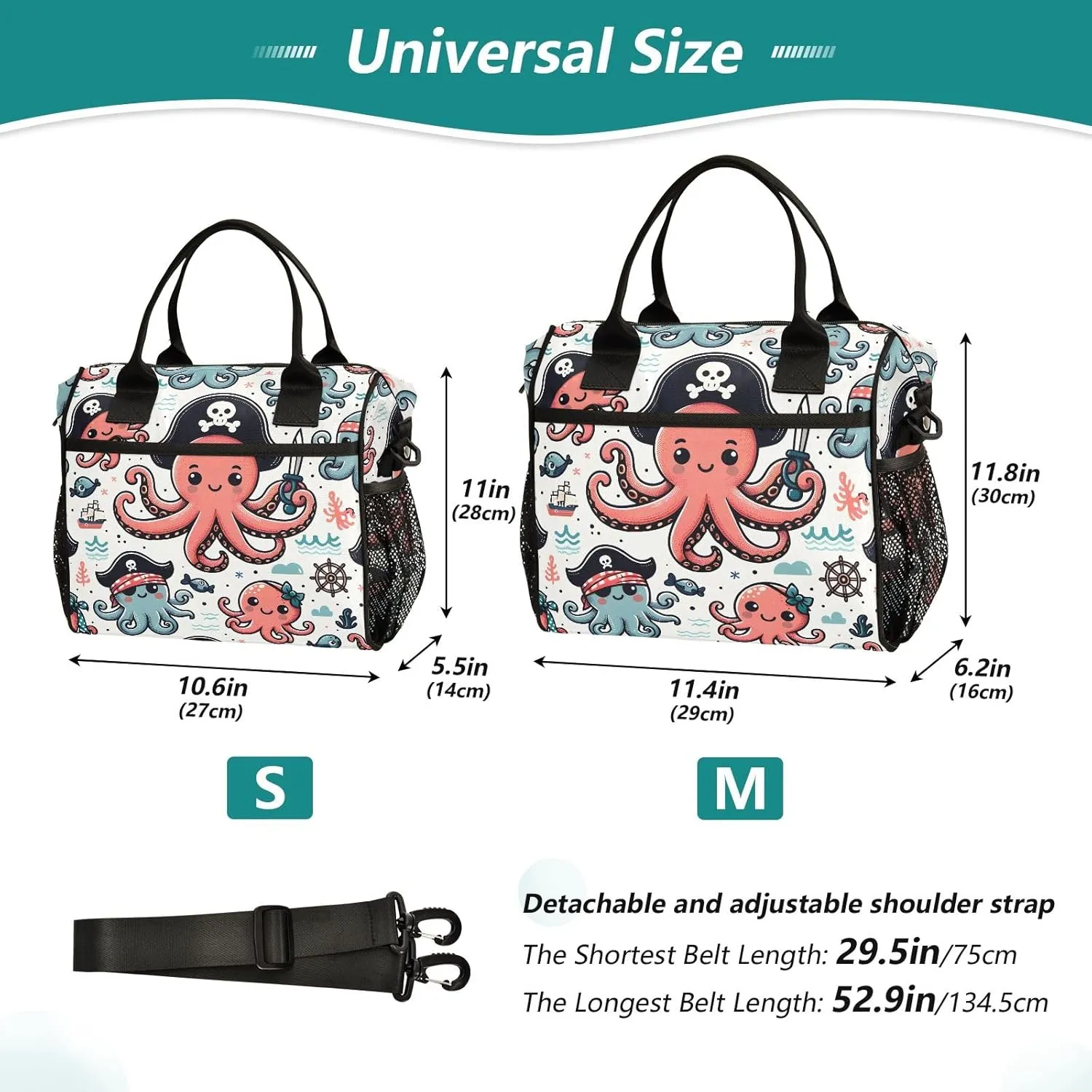 Adult Lunch Box Insulated Lunch Bag Cute Pirate Octopus Large Cooler Tote Bag for Work Picnic or Travel with Adjustable Shoulder Strap