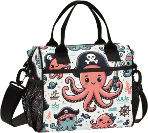 Adult Lunch Box Insulated Lunch Bag Cute Pirate Octopus Large Cooler Tote Bag for Work Picnic or Travel with Adjustable Shoulder Strap