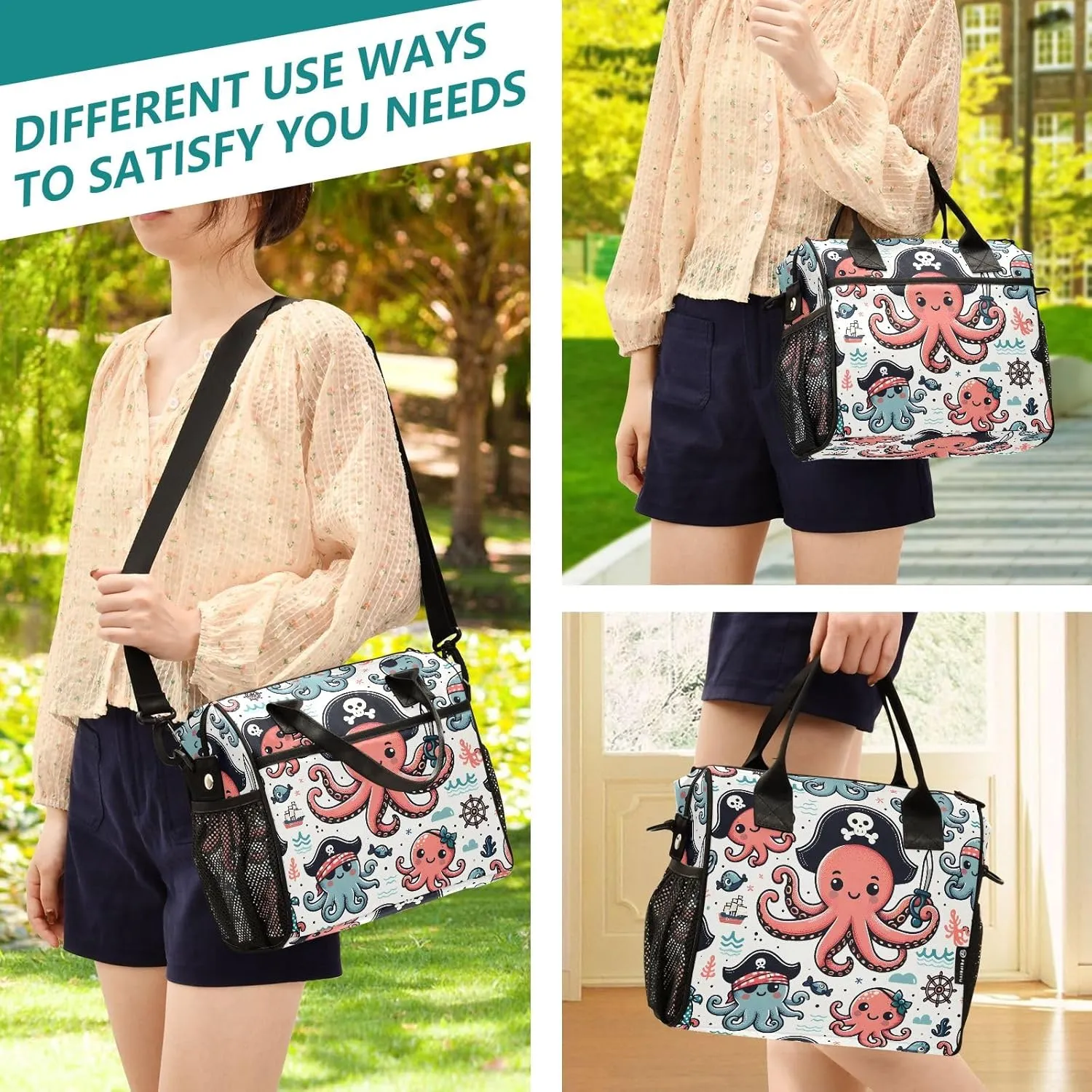 Adult Lunch Box Insulated Lunch Bag Cute Pirate Octopus Large Cooler Tote Bag for Work Picnic or Travel with Adjustable Shoulder Strap