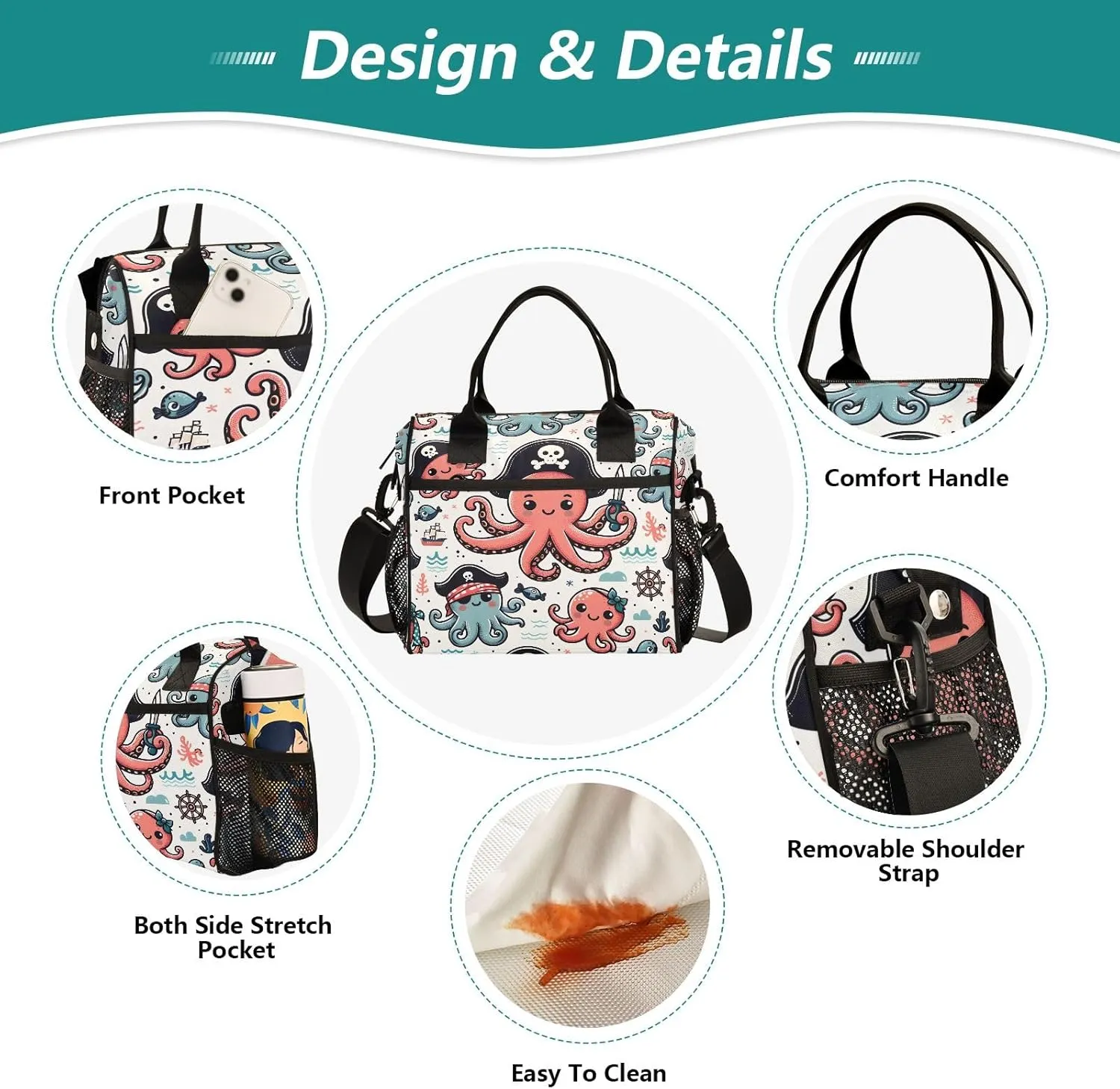 Adult Lunch Box Insulated Lunch Bag Cute Pirate Octopus Large Cooler Tote Bag for Work Picnic or Travel with Adjustable Shoulder Strap