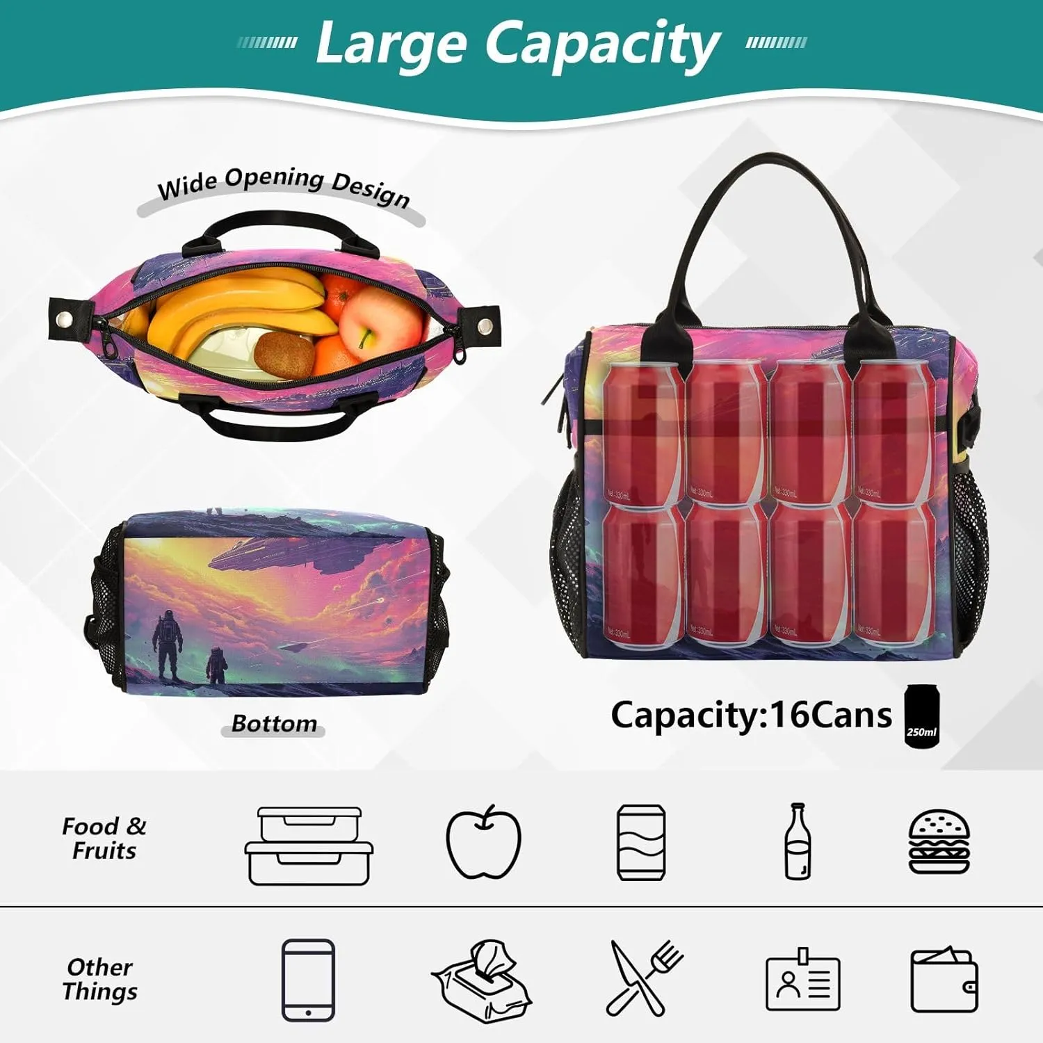 Adult Lunch Box Insulated Lunch Bag Men and Spacecraft under Purple Clouds Large Cooler Tote Bag for Work Picnic or Travel with Adjustable Shoulder Strap