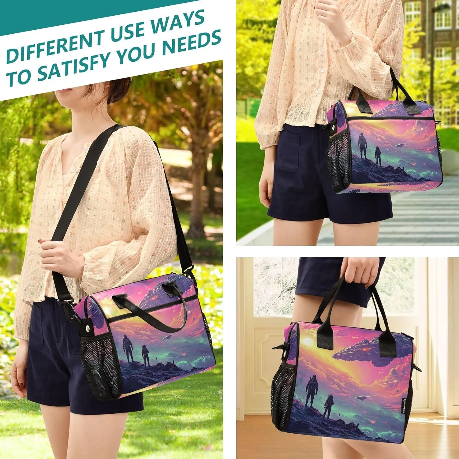 Adult Lunch Box Insulated Lunch Bag Men and Spacecraft under Purple Clouds Large Cooler Tote Bag for Work Picnic or Travel with Adjustable Shoulder Strap
