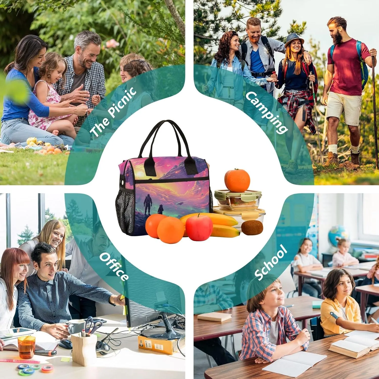Adult Lunch Box Insulated Lunch Bag Men and Spacecraft under Purple Clouds Large Cooler Tote Bag for Work Picnic or Travel with Adjustable Shoulder Strap