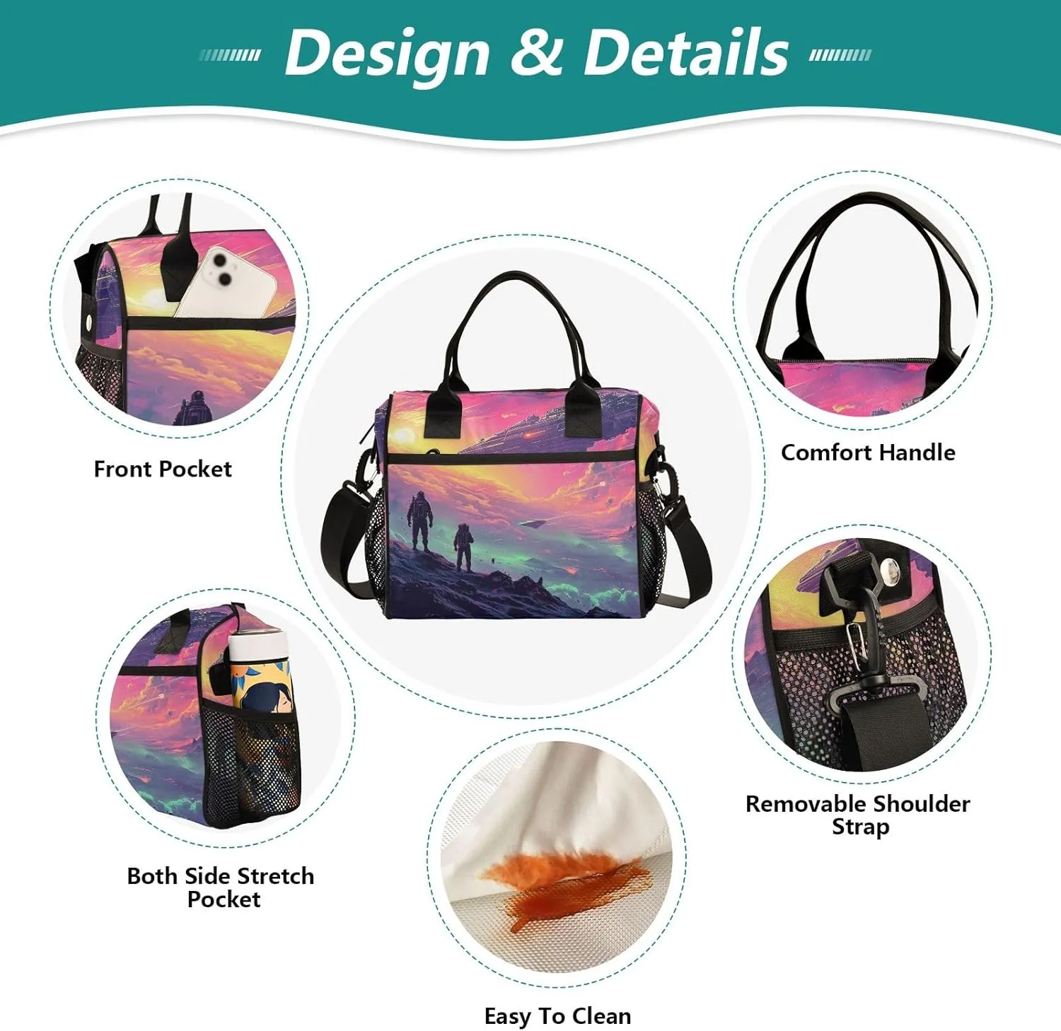 Adult Lunch Box Insulated Lunch Bag Men and Spacecraft under Purple Clouds Large Cooler Tote Bag for Work Picnic or Travel with Adjustable Shoulder Strap