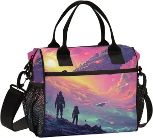 Adult Lunch Box Insulated Lunch Bag Men and Spacecraft under Purple Clouds Large Cooler Tote Bag for Work Picnic or Travel with Adjustable Shoulder Strap