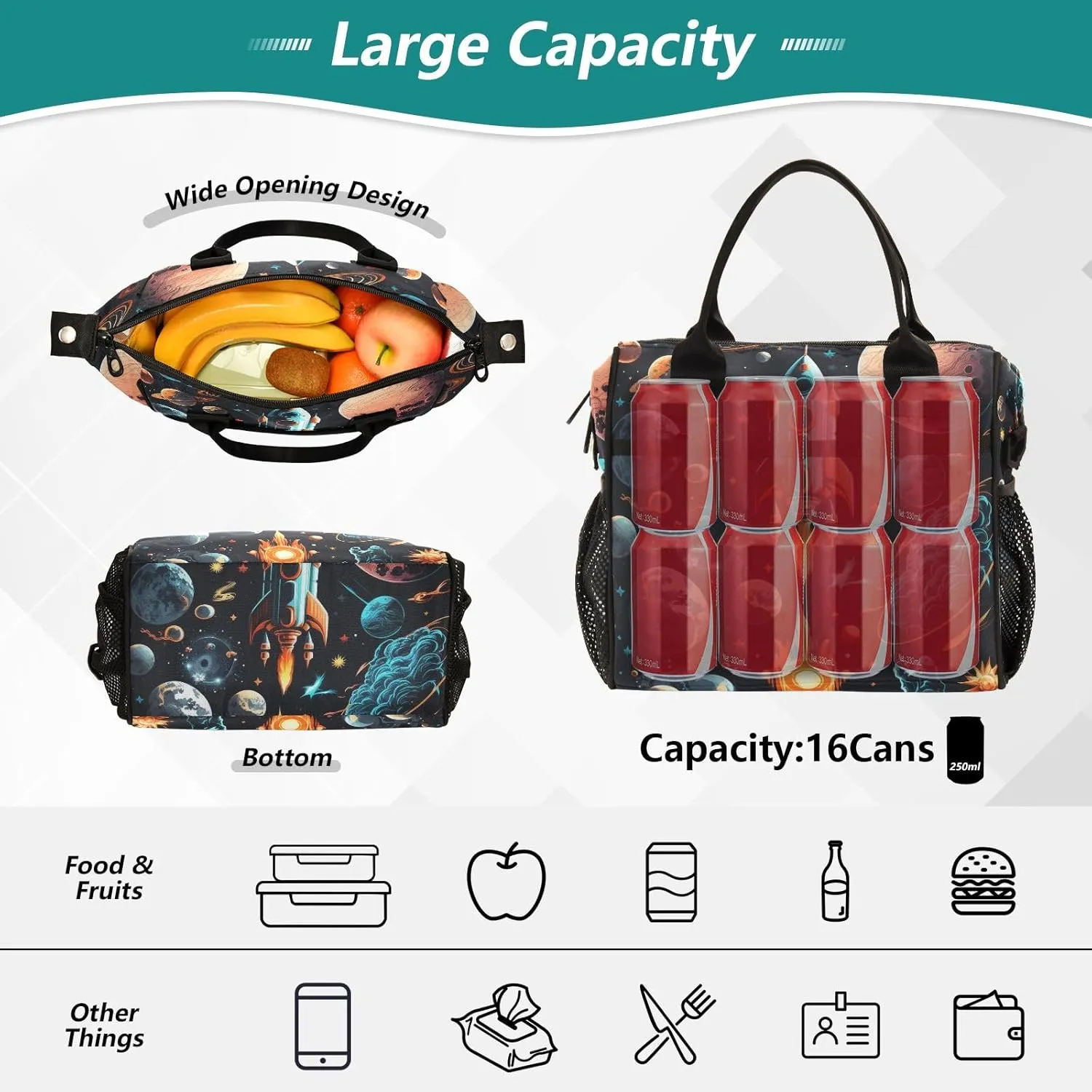 Adult Lunch Box Insulated Lunch Bag Pattern Of Spacecraft and Planet Large Cooler Tote Bag for Work Picnic or Travel with Adjustable Shoulder Strap