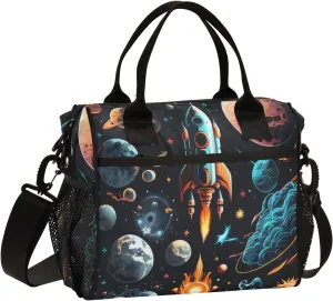 Adult Lunch Box Insulated Lunch Bag Pattern Of Spacecraft and Planet Large Cooler Tote Bag for Work Picnic or Travel with Adjustable Shoulder Strap