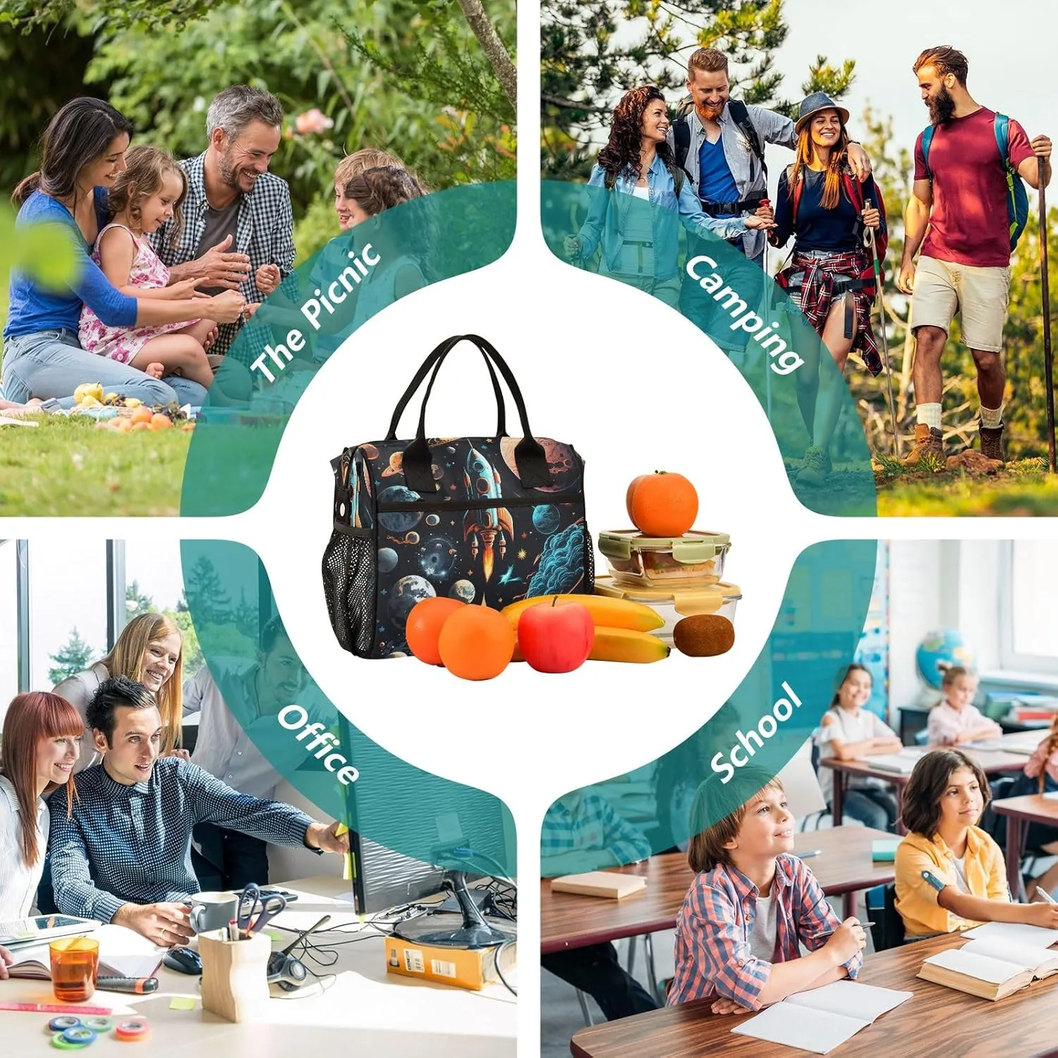 Adult Lunch Box Insulated Lunch Bag Pattern Of Spacecraft and Planet Large Cooler Tote Bag for Work Picnic or Travel with Adjustable Shoulder Strap