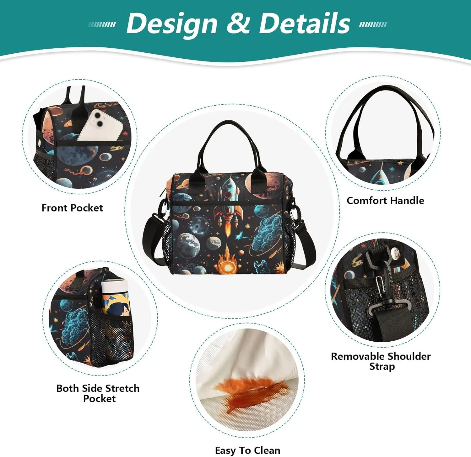 Adult Lunch Box Insulated Lunch Bag Pattern Of Spacecraft and Planet Large Cooler Tote Bag for Work Picnic or Travel with Adjustable Shoulder Strap