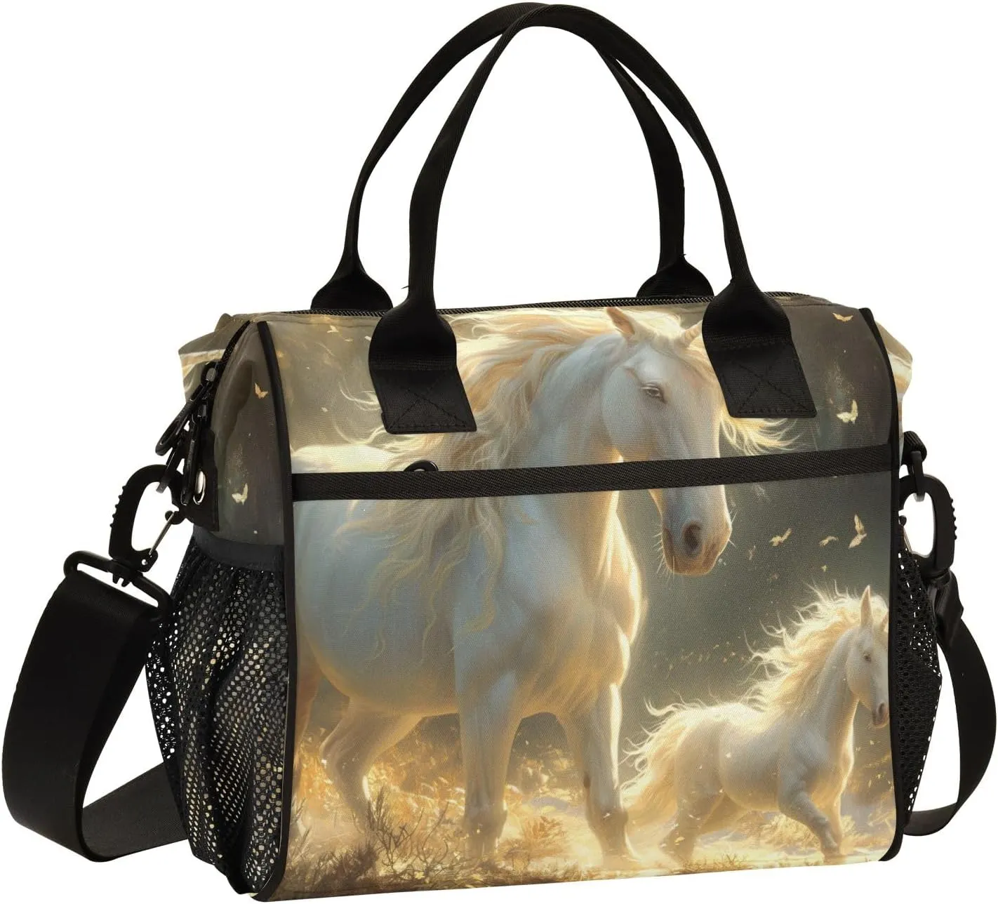 Adult Lunch Box Insulated Lunch Bag White Illuminated Unicorns Large Cooler Tote Bag for Work Picnic or Travel with Adjustable Shoulder Strap