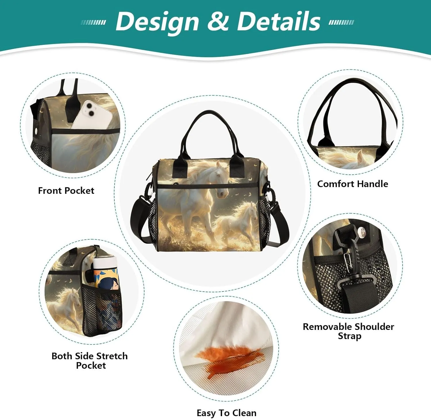 Adult Lunch Box Insulated Lunch Bag White Illuminated Unicorns Large Cooler Tote Bag for Work Picnic or Travel with Adjustable Shoulder Strap