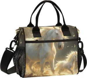 Adult Lunch Box Insulated Lunch Bag White Illuminated Unicorns Large Cooler Tote Bag for Work Picnic or Travel with Adjustable Shoulder Strap