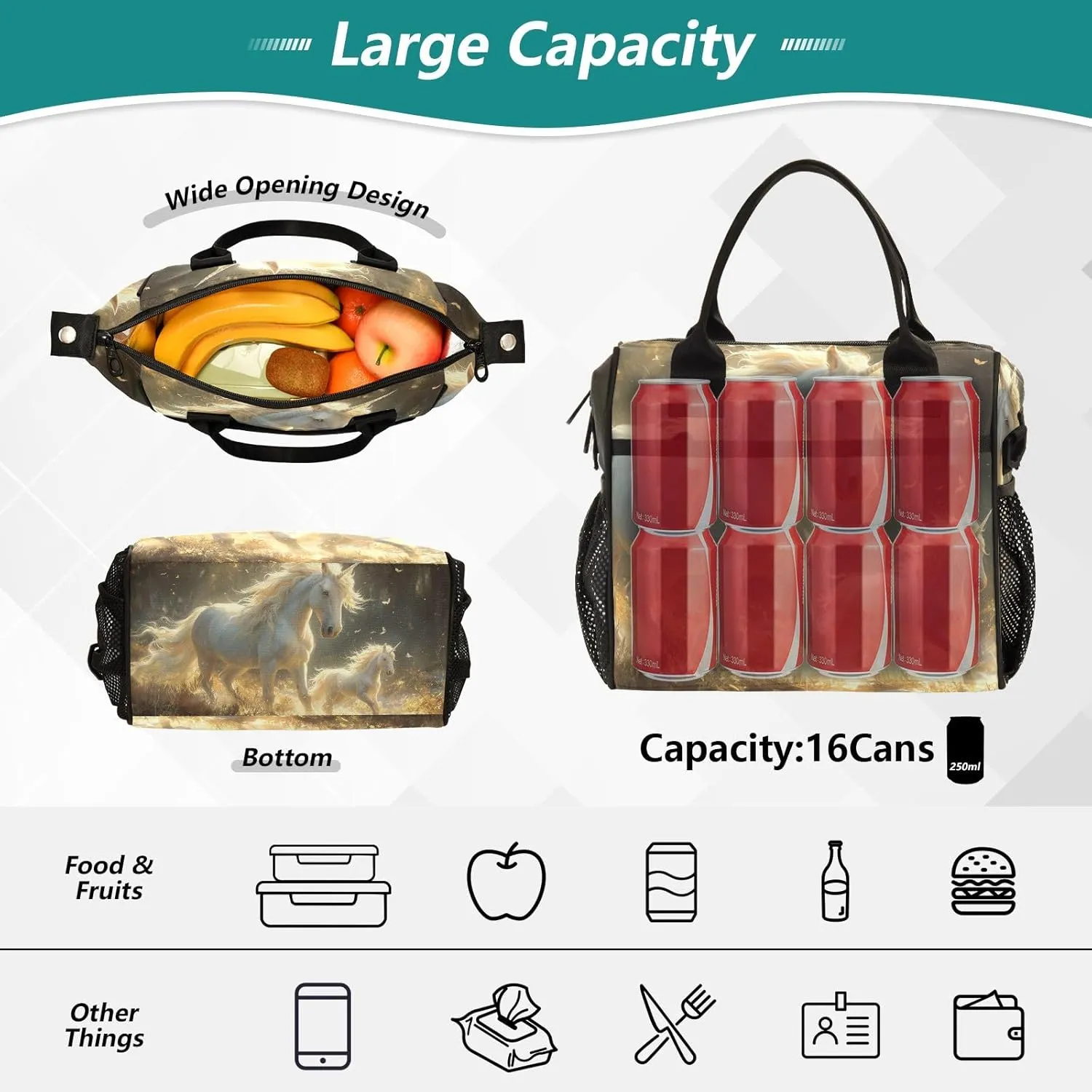 Adult Lunch Box Insulated Lunch Bag White Illuminated Unicorns Large Cooler Tote Bag for Work Picnic or Travel with Adjustable Shoulder Strap