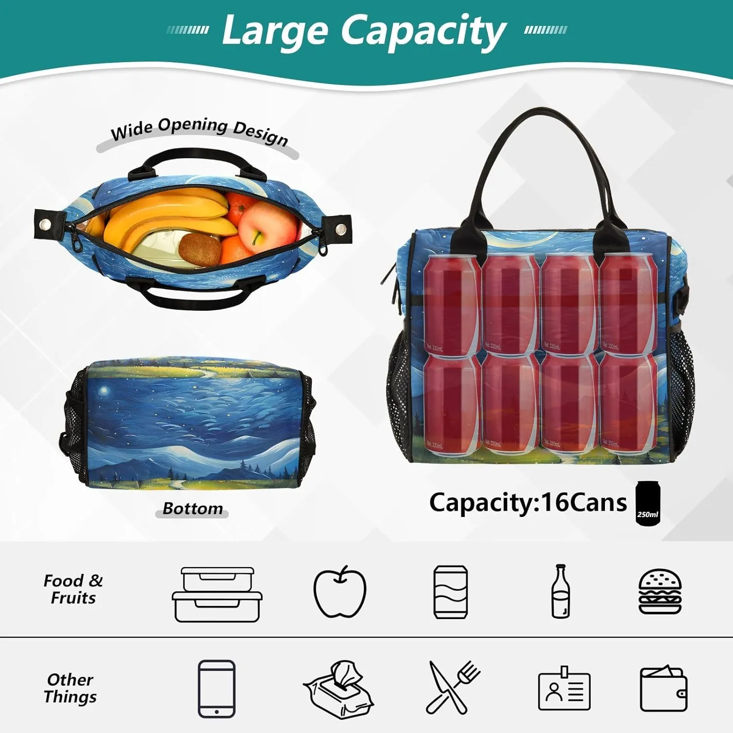 Adult Lunch Box Insulated Lunch Bag Wilderness Path in Starry Night Large Cooler Tote Bag for Work Picnic or Travel with Adjustable Shoulder Strap