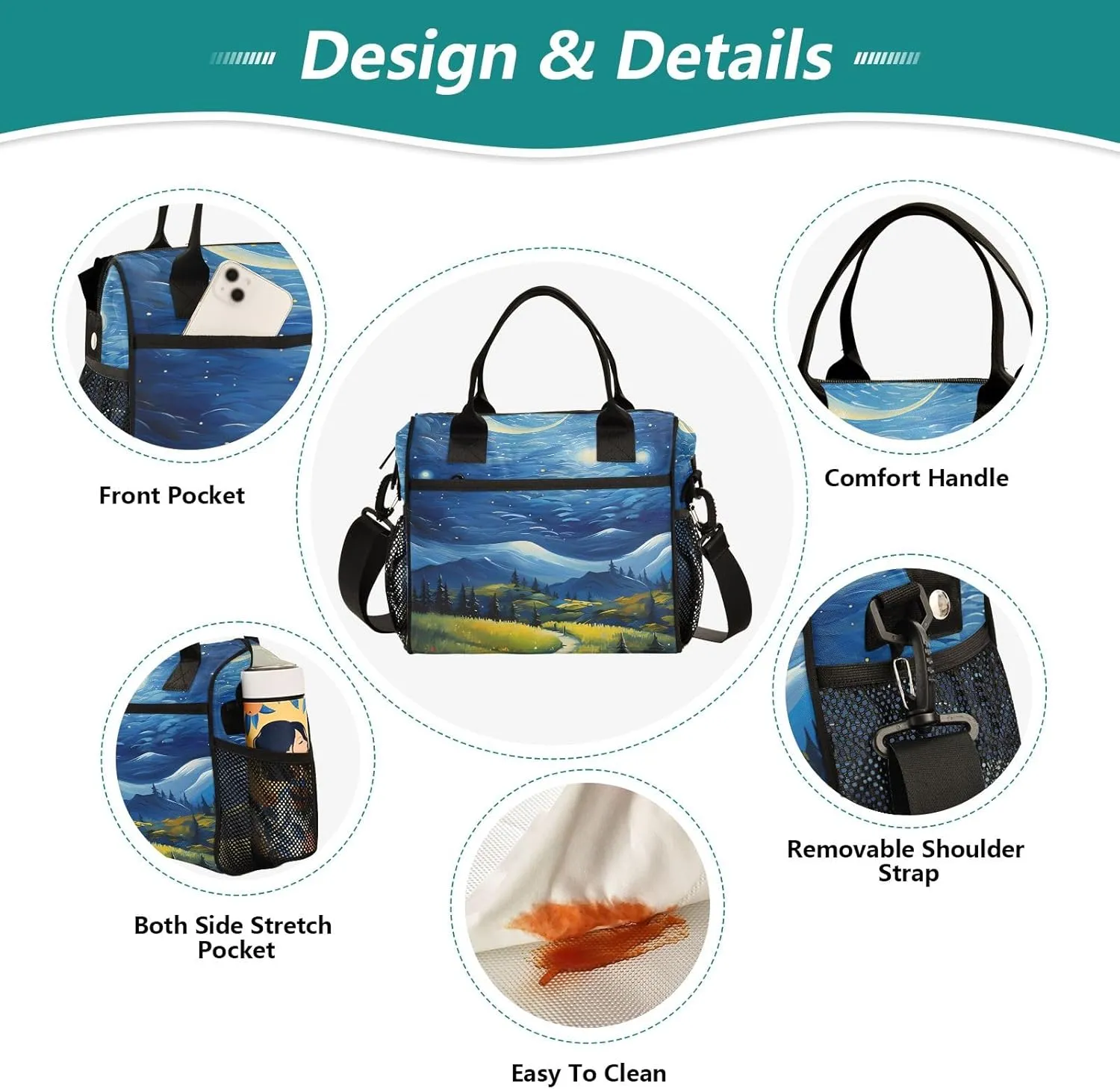 Adult Lunch Box Insulated Lunch Bag Wilderness Path in Starry Night Large Cooler Tote Bag for Work Picnic or Travel with Adjustable Shoulder Strap