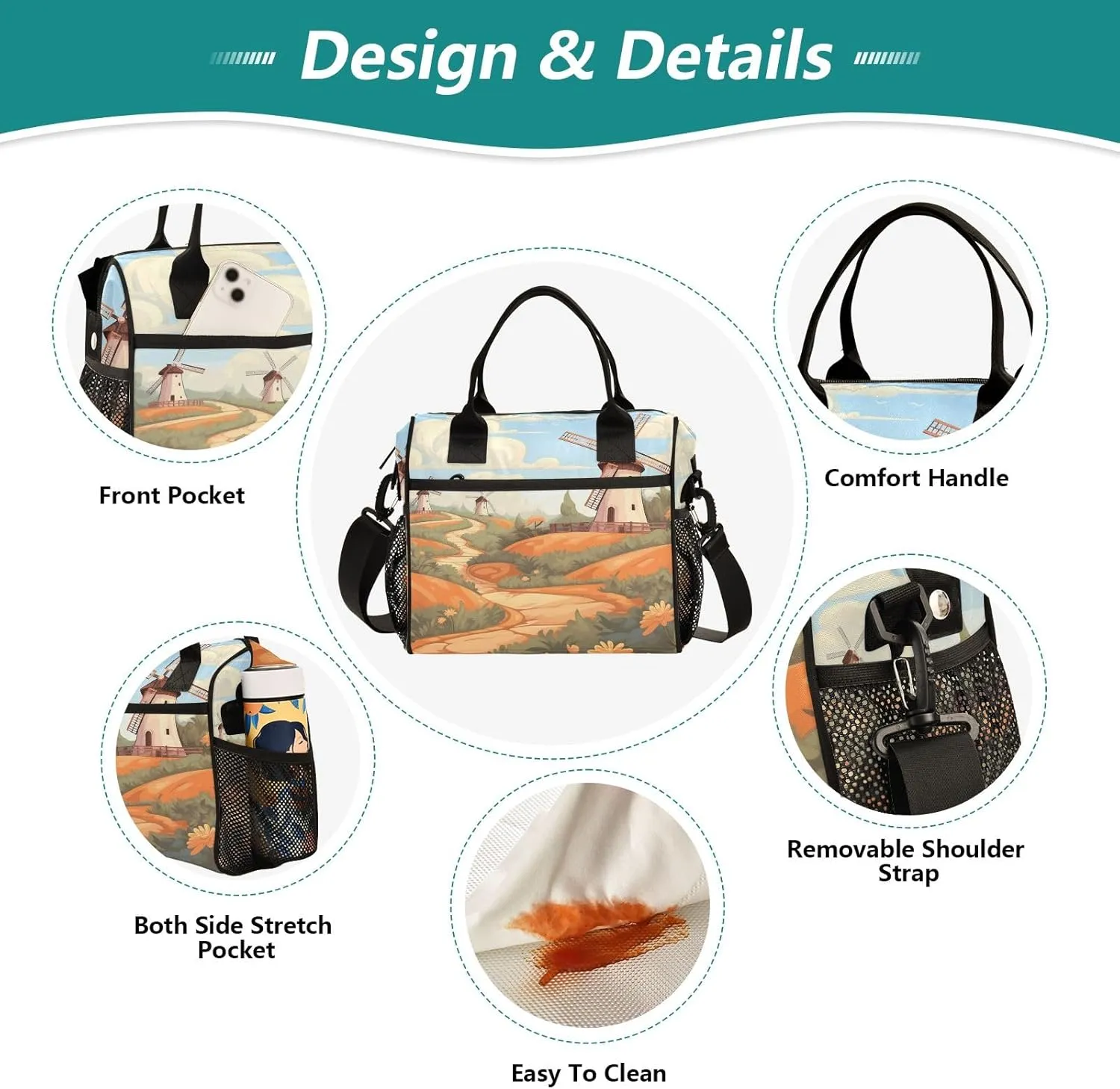 Adult Lunch Box Insulated Lunch Bag Windmill in The Fields Large Cooler Tote Bag for Work Picnic or Travel with Adjustable Shoulder Strap