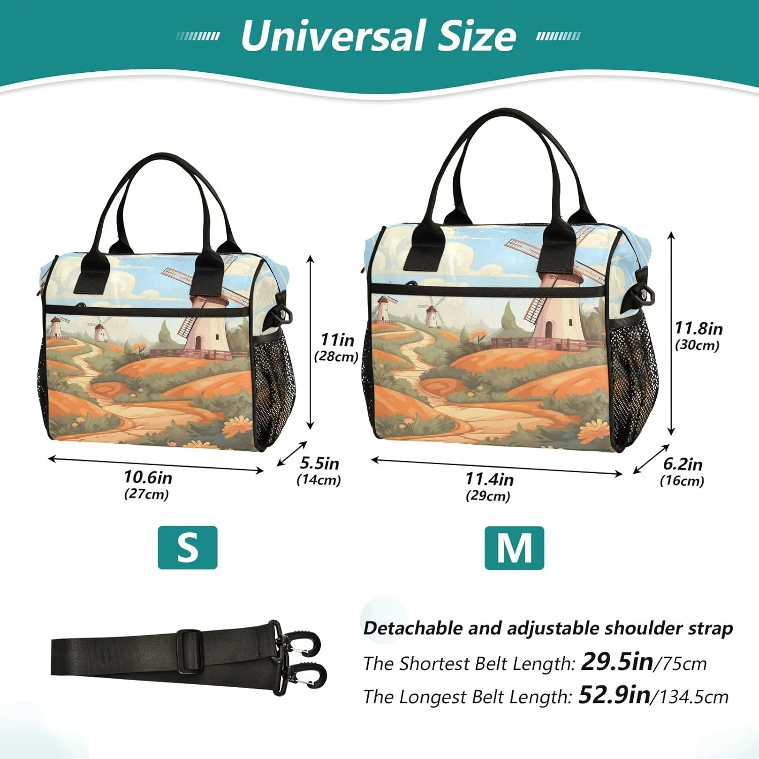 Adult Lunch Box Insulated Lunch Bag Windmill in The Fields Large Cooler Tote Bag for Work Picnic or Travel with Adjustable Shoulder Strap