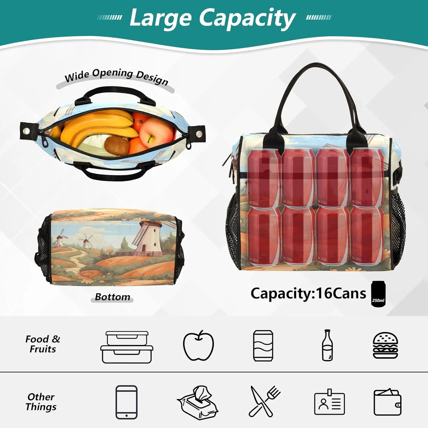 Adult Lunch Box Insulated Lunch Bag Windmill in The Fields Large Cooler Tote Bag for Work Picnic or Travel with Adjustable Shoulder Strap