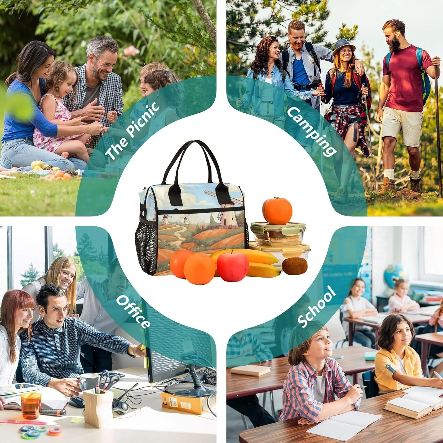 Adult Lunch Box Insulated Lunch Bag Windmill in The Fields Large Cooler Tote Bag for Work Picnic or Travel with Adjustable Shoulder Strap