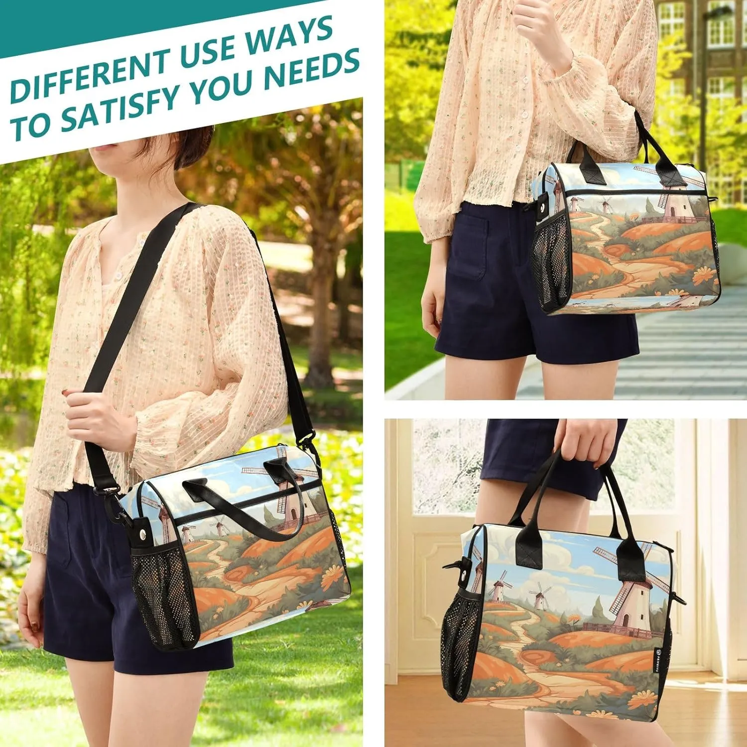 Adult Lunch Box Insulated Lunch Bag Windmill in The Fields Large Cooler Tote Bag for Work Picnic or Travel with Adjustable Shoulder Strap