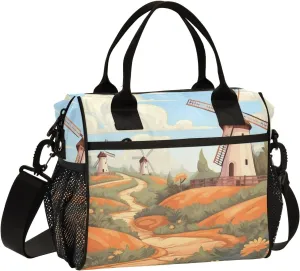 Adult Lunch Box Insulated Lunch Bag Windmill in The Fields Large Cooler Tote Bag for Work Picnic or Travel with Adjustable Shoulder Strap