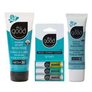 All Good SPF 15 Lip Balm, Mineral & Facial Sunscreen Bundle - Broad Spectrum SPF 30 , Water Resistant - Includes (1) SPF 30 Sport Sunscreen, (1) Lip Balm SPF 15 3-Pack and (1) Facial Sunscreen
