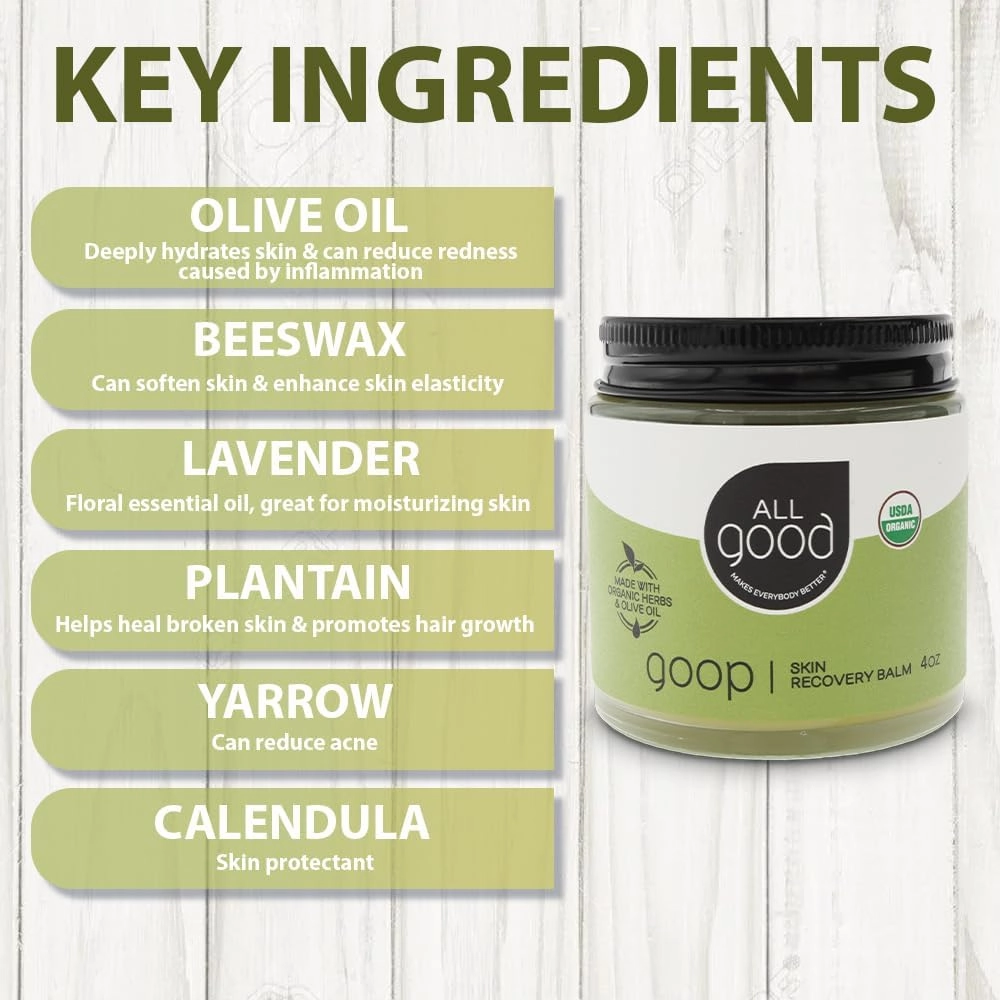 All Good Goop Organic Skin Care Recovery Balm - All Purpose Ointment w/Calendula, Lavender, Beeswax - Chafing Cream, Dry Skin Salve, Cracking Lip Moisturizer - Soothes, Hydrates & Calms - 4oz