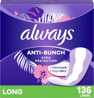 Always Anti-Bunch Xtra Protection Daily Liners, Long Length, Unscented, 136 Count