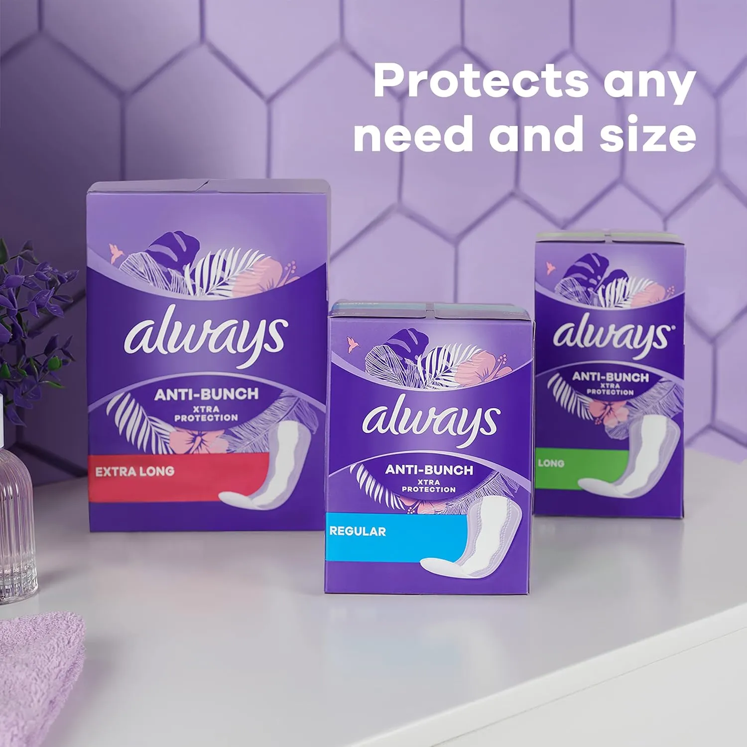 Always Anti-Bunch Xtra Protection Daily Liners, Long Length, Unscented, 136 Count