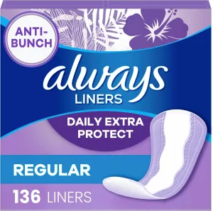 Always Anti-Bunch Xtra Protection Daily Liners, Regular Length, Unscented, 34 Count x 4 (136 Count Total) (Packaging May Vary)