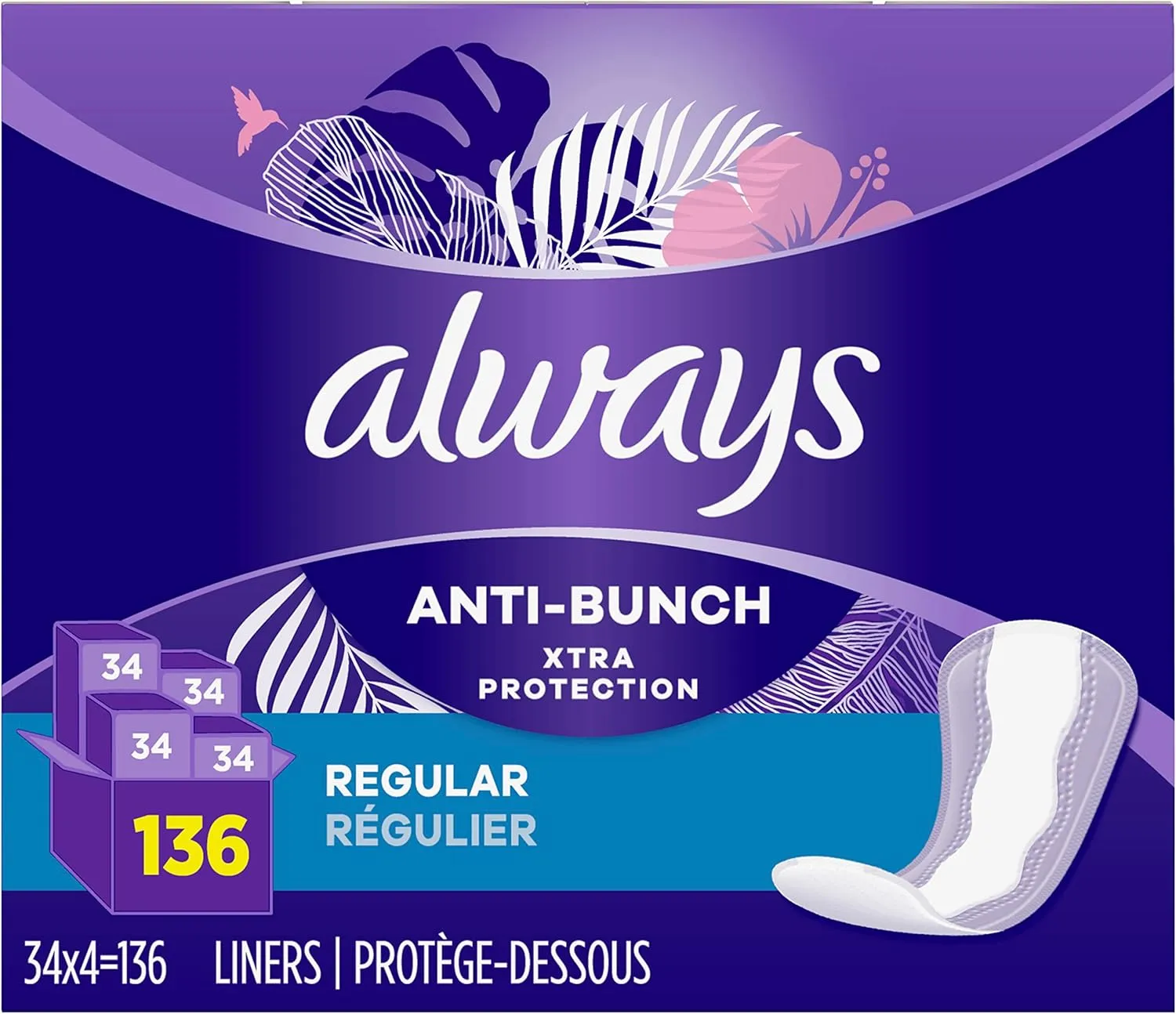 Always Anti-Bunch Xtra Protection Daily Liners, Regular Length, Unscented, 34 Count x 4 (136 Count Total) (Packaging May Vary)