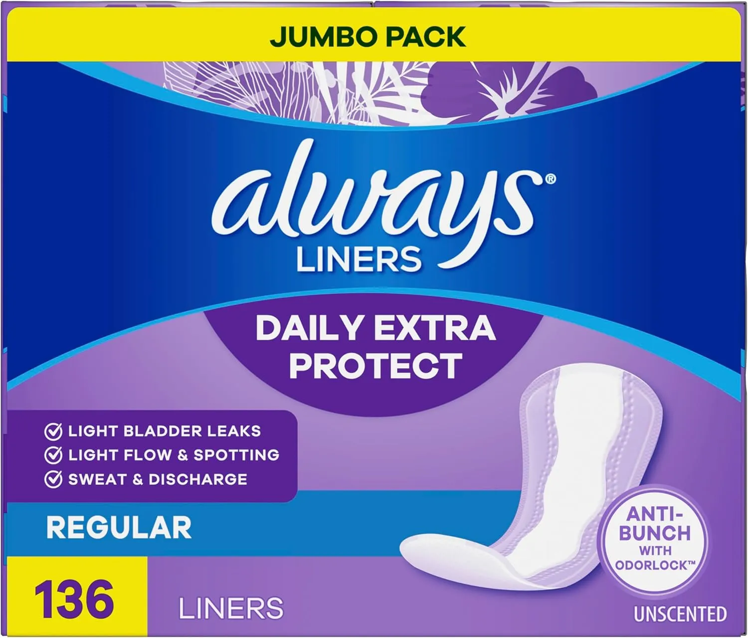 Always Anti-Bunch Xtra Protection Daily Liners, Regular Length, Unscented, 34 Count x 4 (136 Count Total) (Packaging May Vary)