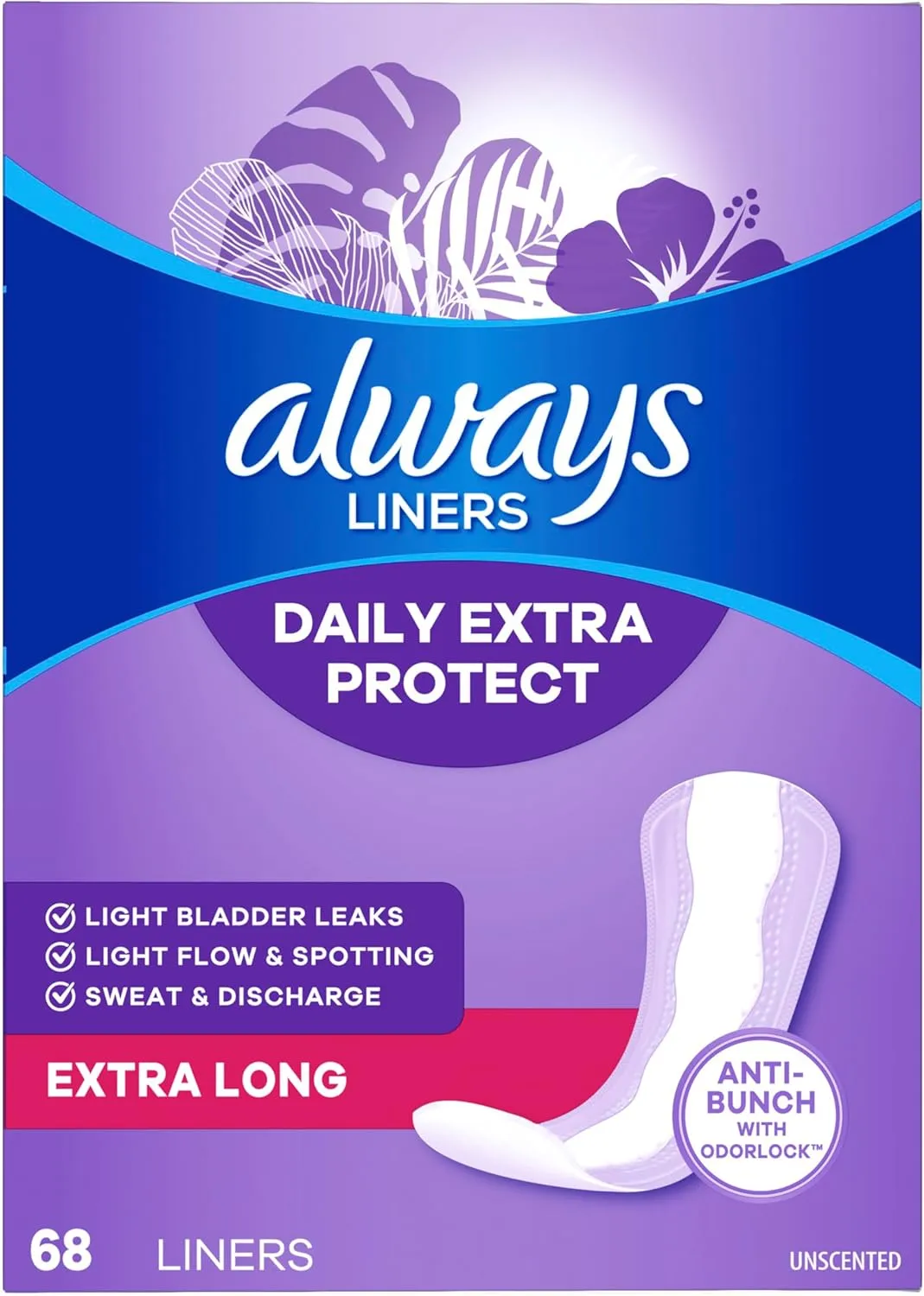 Always Anti-Bunch Xtra Protection, Panty Liners For Women, Extra Long Length, Unscented, 68 Count X 4 Packs (272 Count Total) (Packaging May Vary)