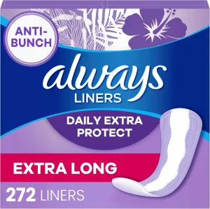 Always Anti-Bunch Xtra Protection, Panty Liners For Women, Extra Long Length, Unscented, 68 Count X 4 Packs (272 Count Total) (Packaging May Vary)