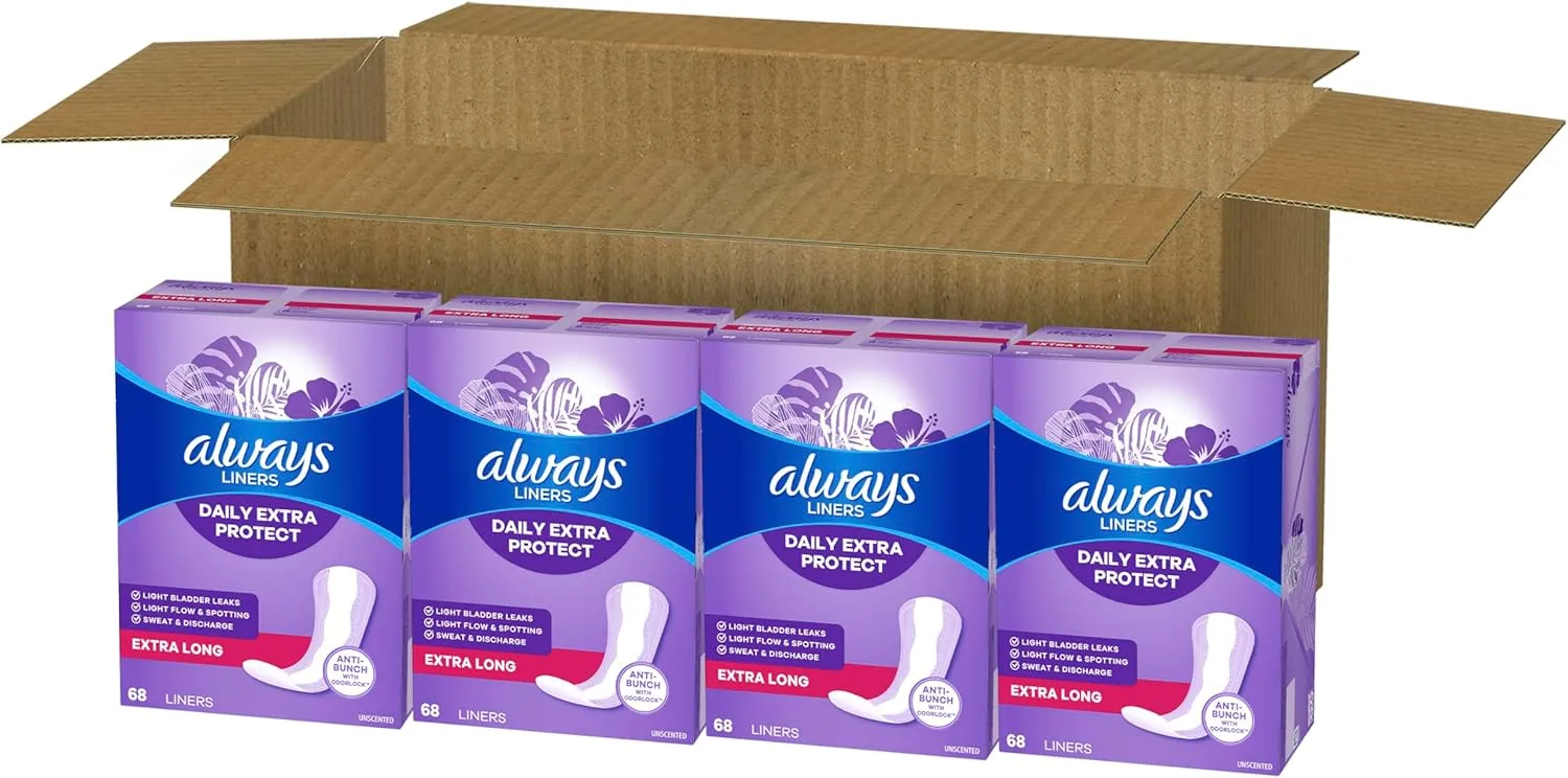 Always Anti-Bunch Xtra Protection, Panty Liners For Women, Extra Long Length, Unscented, 68 Count X 4 Packs (272 Count Total) (Packaging May Vary)