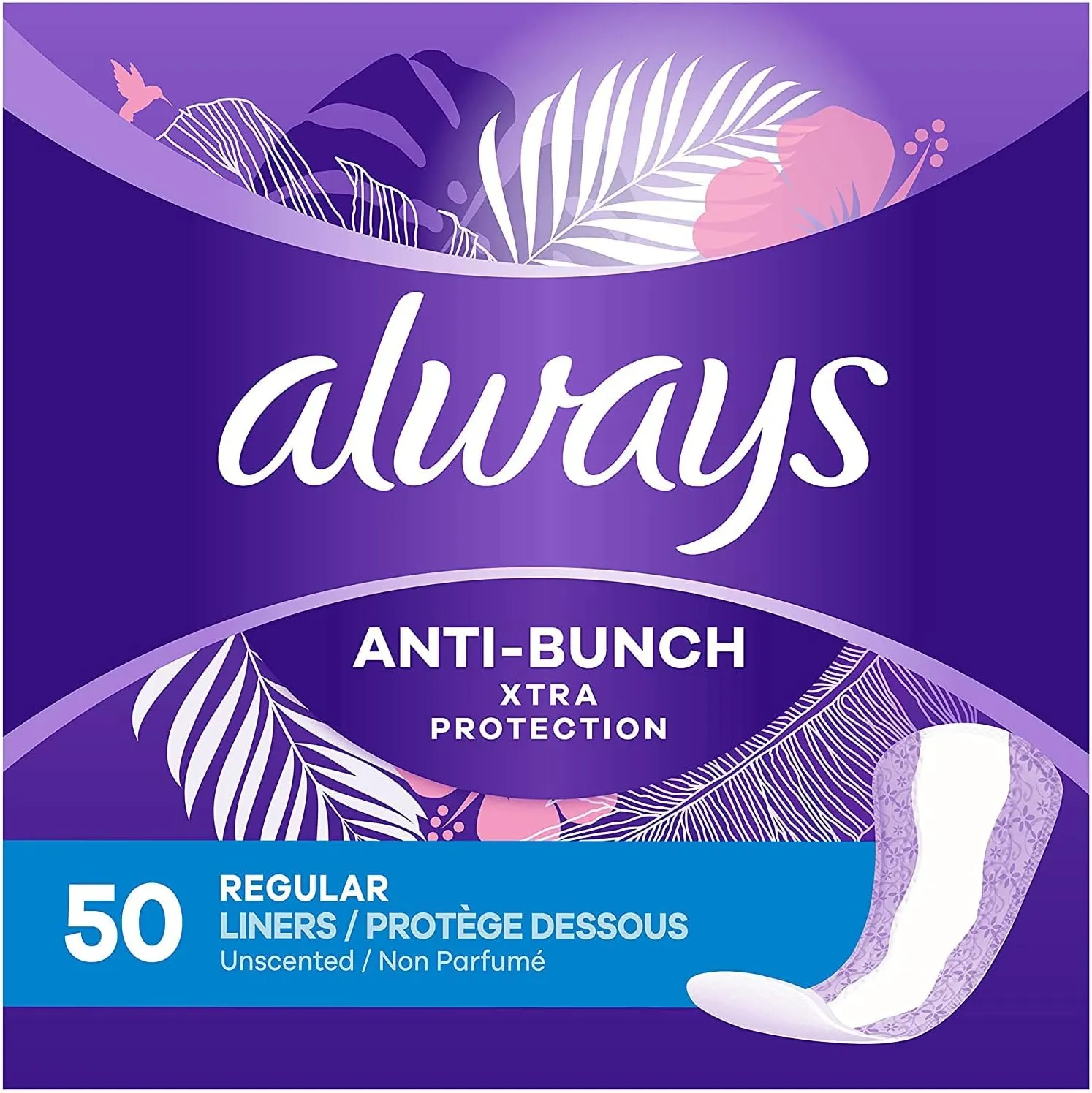 Always Anti-Bunch Xtra Protection, Panty Liners For Women, Light Absorbency, Regular Lenght, Multipack, Leakguard   Rapiddry, Unscented, 50 Count X 6 Packs (300 Count Total)