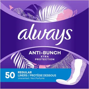 Always Anti-Bunch Xtra Protection, Panty Liners For Women, Light Absorbency, Regular Lenght, Multipack, Leakguard   Rapiddry, Unscented, 50 Count X 6 Packs (300 Count Total)